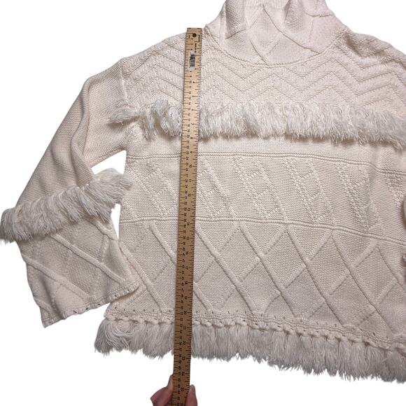 Gianni Bini Fringe Knit Sweater Cream High Neck Textured Boho Western Medium - Picture 9 of 16